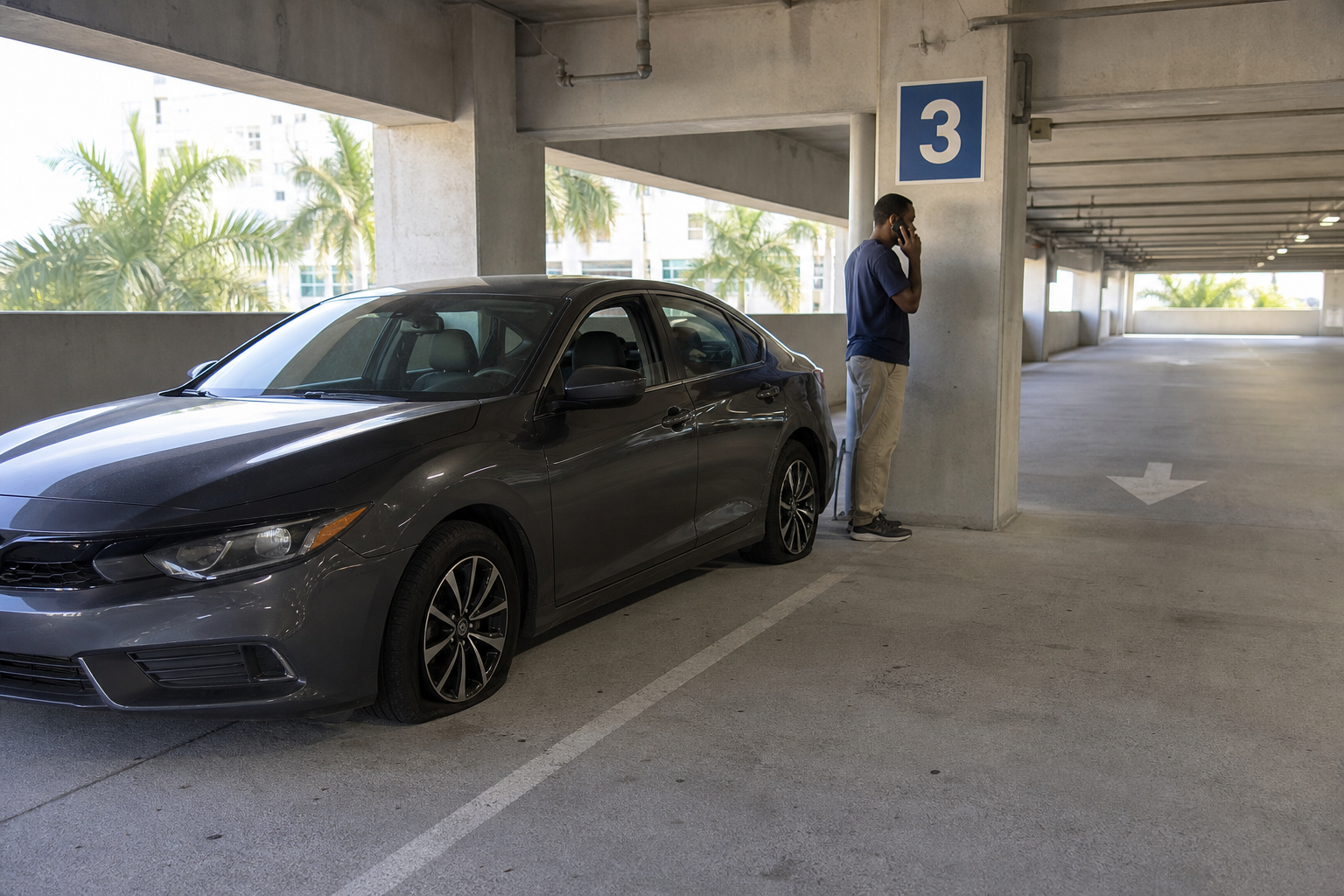 Driver standing safely beside a car with a flat tire on a lower level of a West Palm Beach parking garage