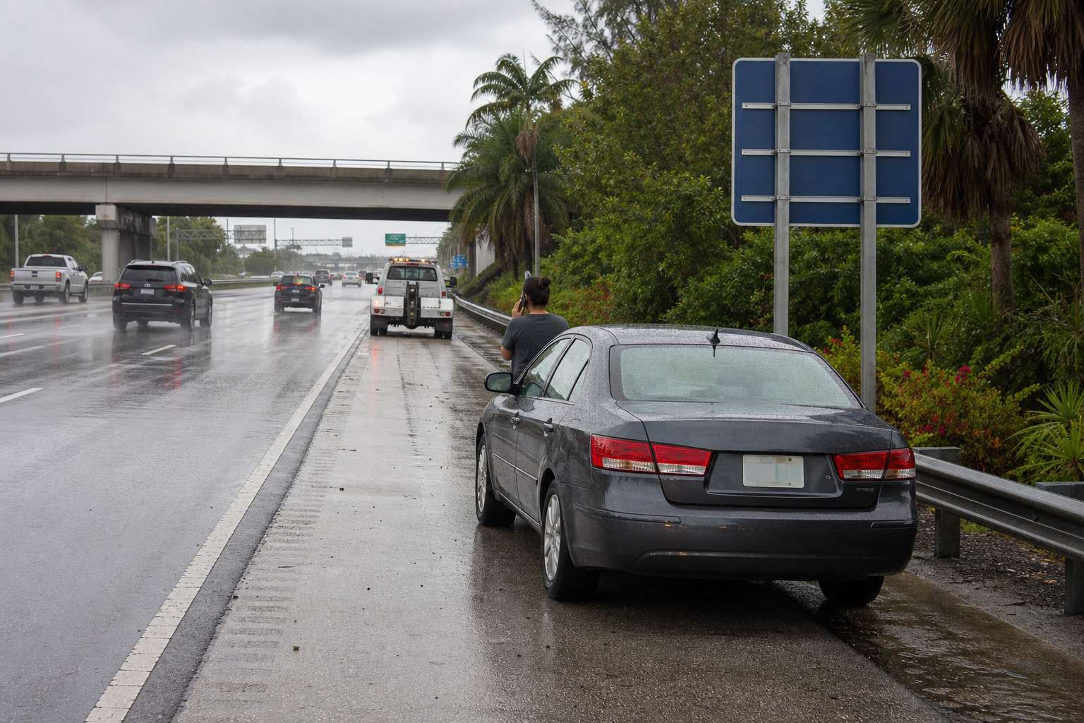 Stranded car safely stopped on the right shoulder of I-95 in West Palm Beach near an interchange sign during light South Florida rain