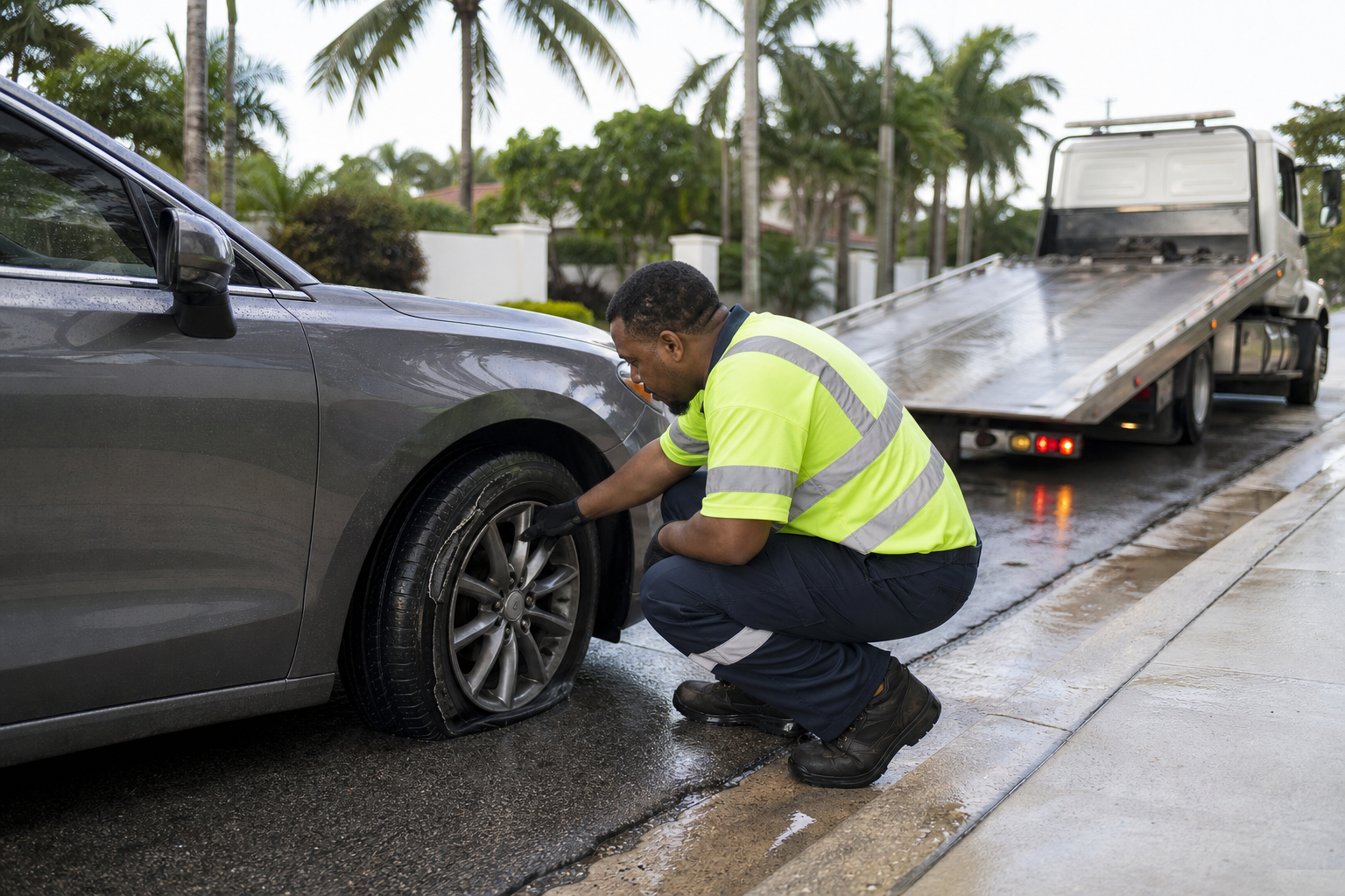 A roadside assistance technician examining sidewall damage on a flat car tire in West Palm Beach, Florida