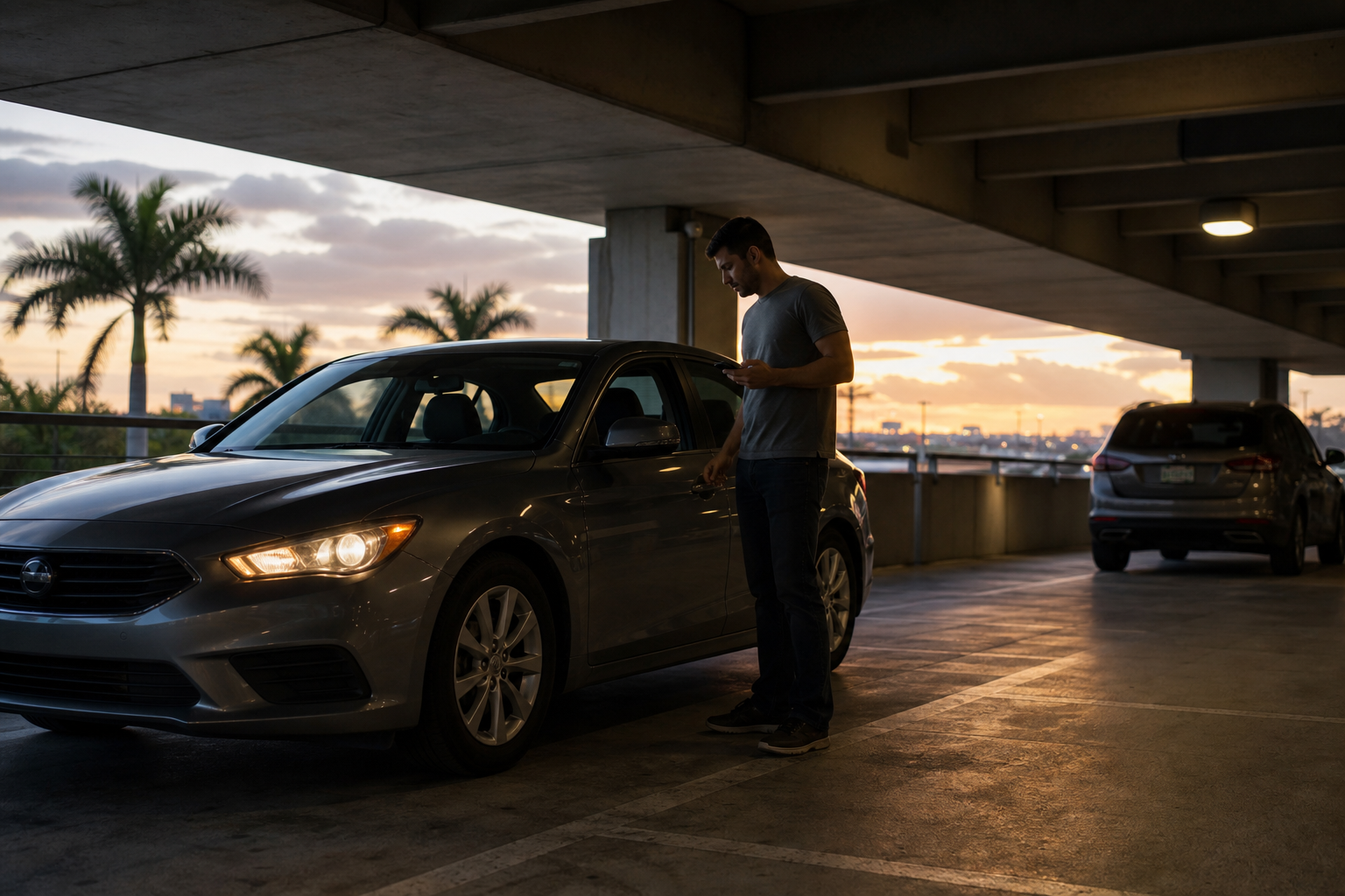 Driver checking a car with dim headlights in a covered parking garage in West Palm Beach