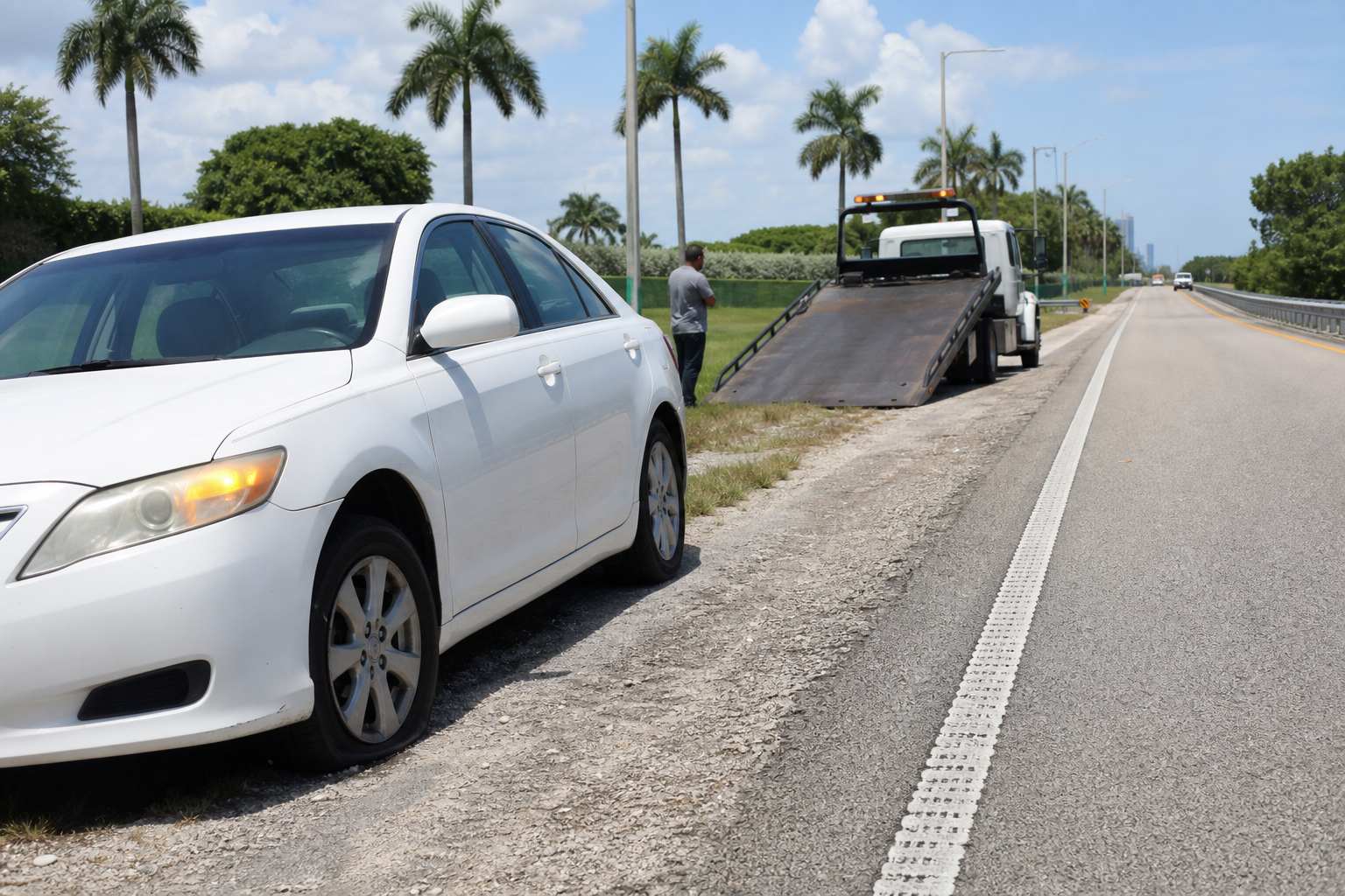 Car with a visibly flat tire stopped well away from passing traffic in West Palm Beach as a flatbed tow truck prepares to assist