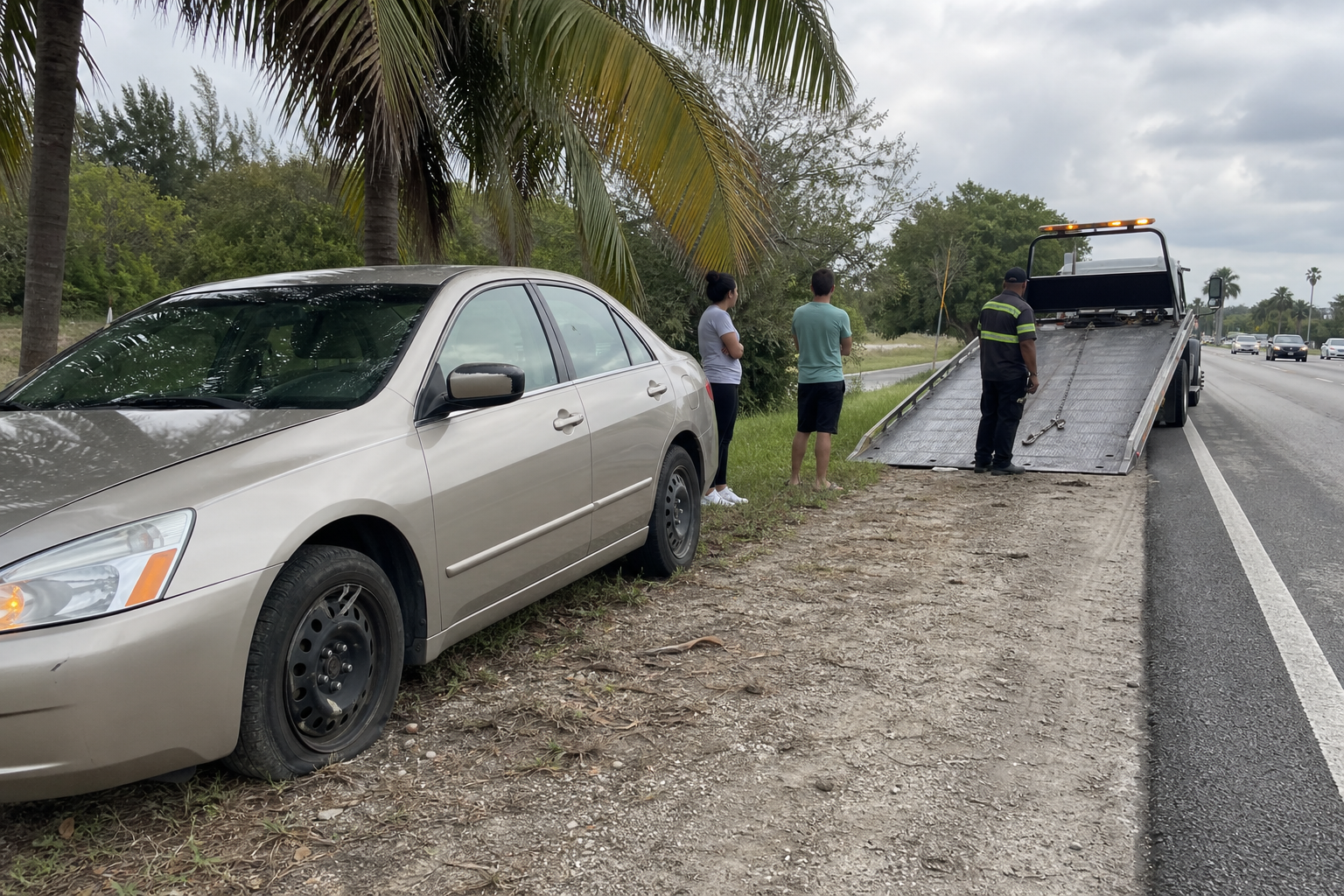 Disabled car with a blown tire stopped away from traffic while a flatbed operator prepares to assist in West Palm Beach
